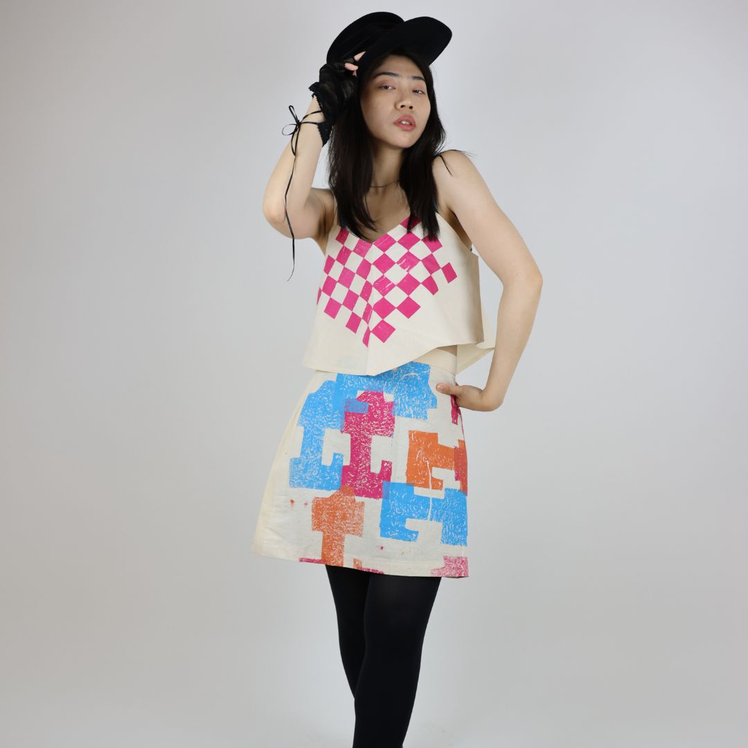 Hand Printed Geometric Patterned Calico Skirt and Top