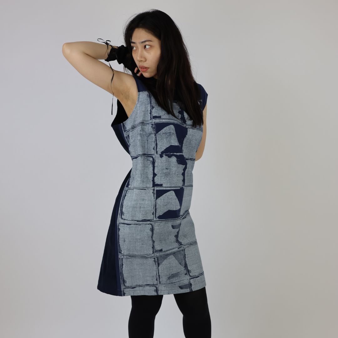 Hand Printed Window Patterned Indigo Brushed Cotton Shift Dress