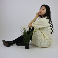 Cream Chequered Retro Style Cotton Jersey Dress