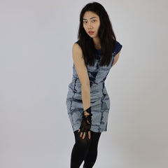 Hand Printed Window Patterned Indigo Brushed Cotton Shift Dress