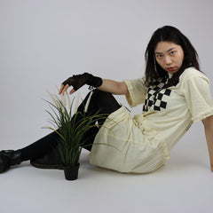 Cream Chequered Retro Style Cotton Jersey Dress