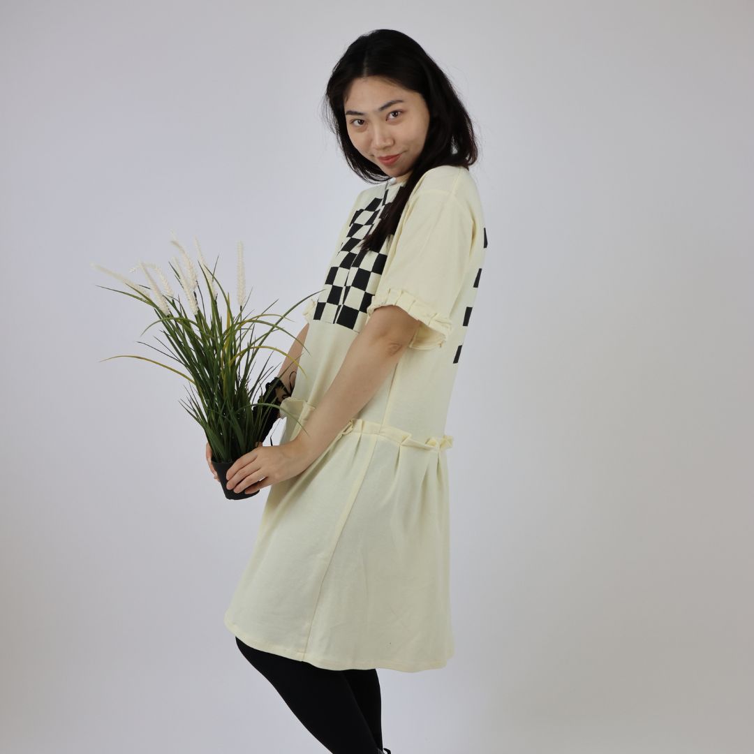 Cream Chequered Retro Style Cotton Jersey Dress