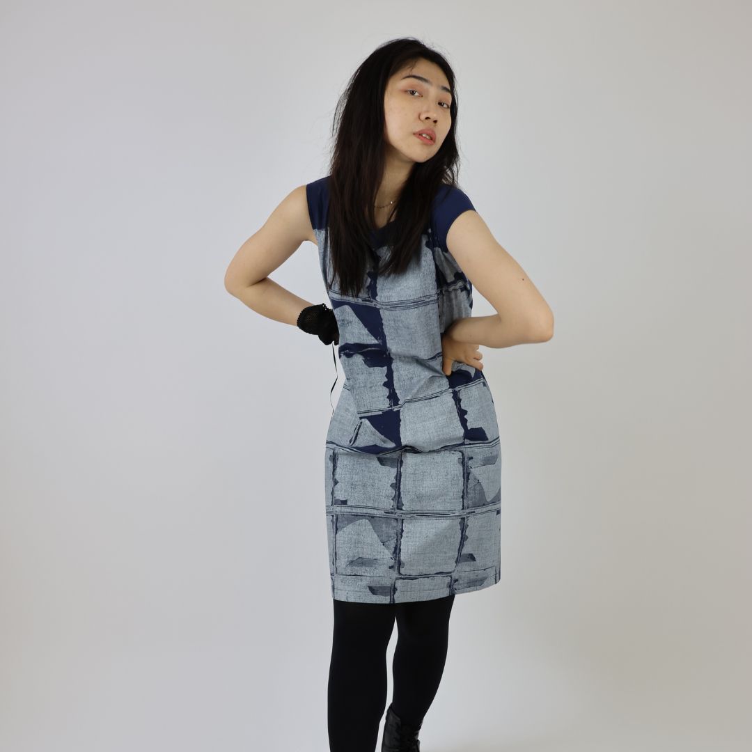 Hand Printed Window Patterned Indigo Brushed Cotton Shift Dress