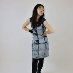 Hand Printed Window Patterned Indigo Brushed Cotton Shift Dress
