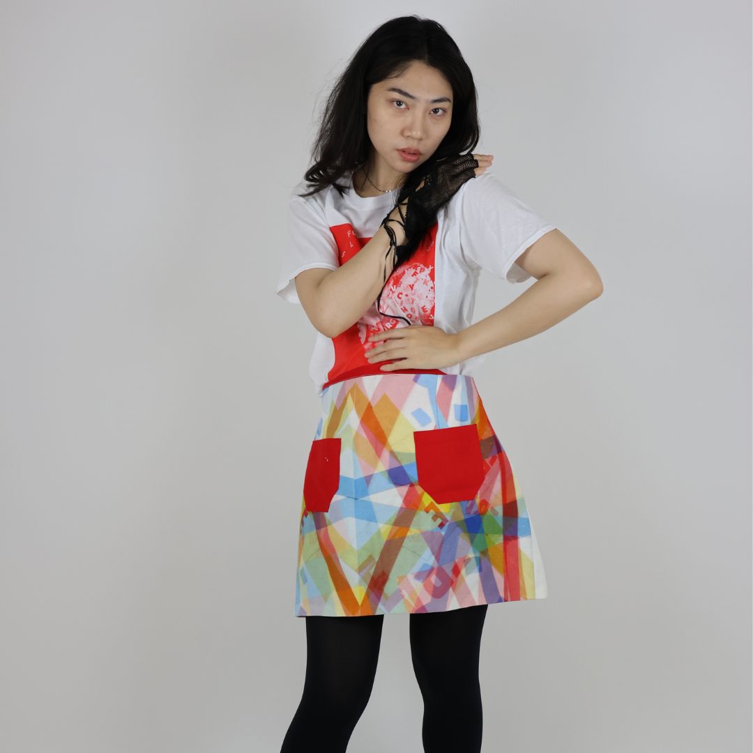 Geometric Patterned Linen Mix Skirt with Pockets